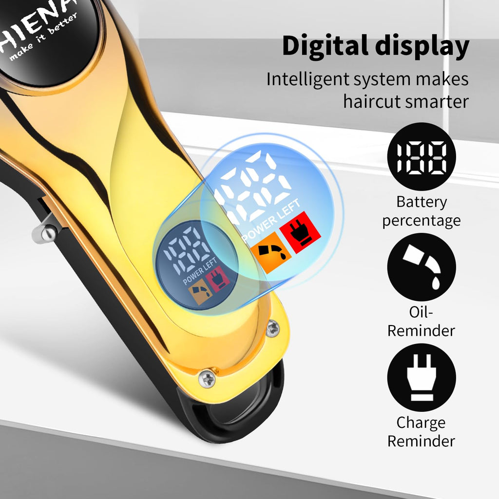 HIENA PRO Electric Hair Clipper & Trimmer for Men, Professional Cordless Barber Tool with LED Display, Rechargeable Hair-Cutting Clippers, Gifts for Men(Gold)