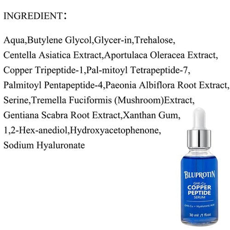 BLUPROTIN Copper Peptides Serum for Face, GHK-CU Peptide with Propylene Glycol&Copper Tripeptide-1&Hyaluronic acid, Anti-Aging Anti-Wrinkle Moisturizing Restore Collagen Enhance Skin Elasticity 30ml