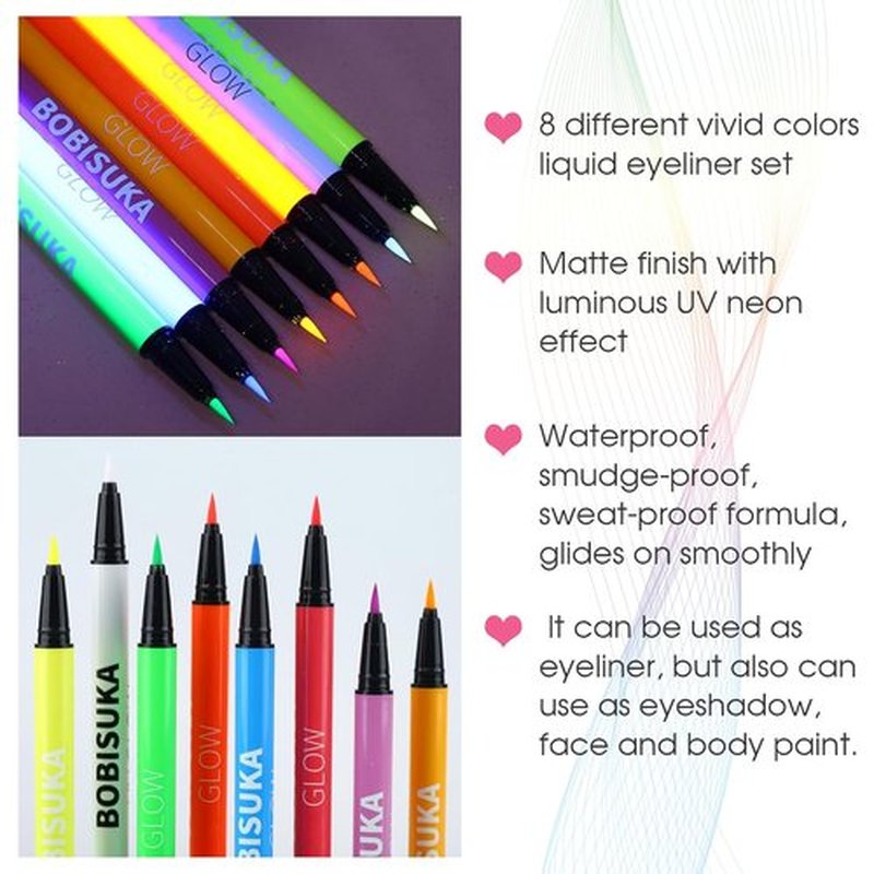 BOBISUKA UV Neon Liquid Eyeliner Set - 8 Matte Waterproof Pigmented Colors | Eye Makeup Gift Kit