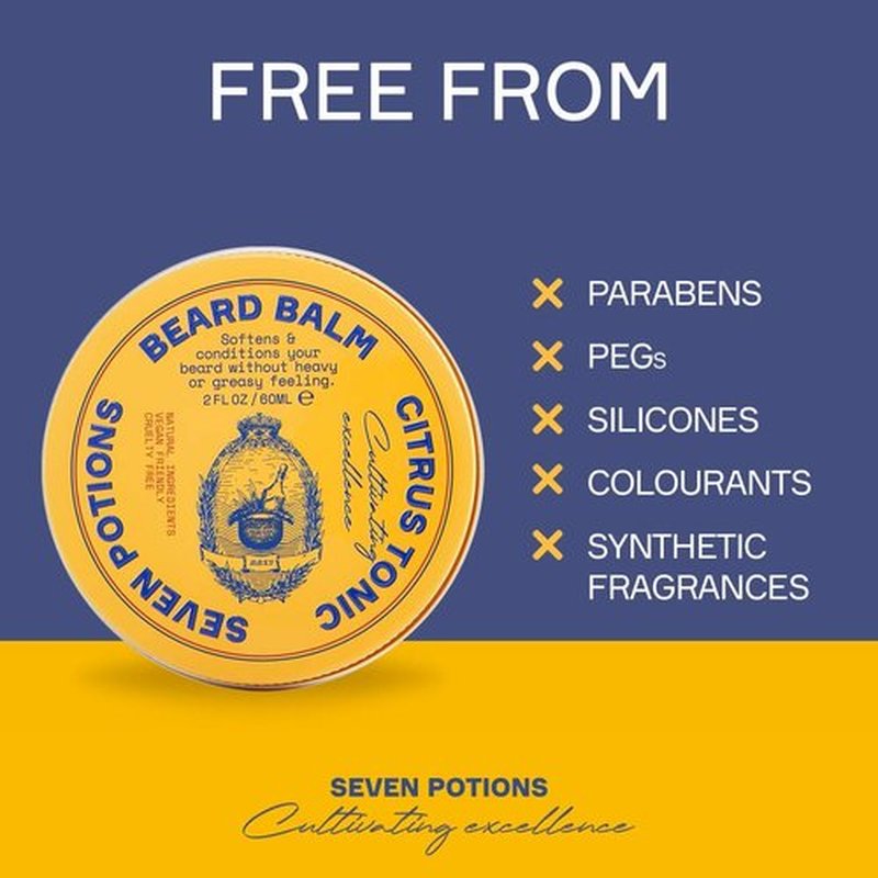 Seven Potions Beard Balm for Men - All-Natural Conditioning Softener | Nourishes Skin & Facial Hair - Citrus Tonic (2 FL OZ)