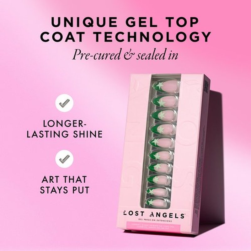 Lost Angels Gel Press On Nails - I Don’t Care - Green Metallic French Tip with Nail Art - Star Press On Nails Almond Medium Length - Easy Kit with Glue & Adhesive Tab - 30 Count, 15 Sizes