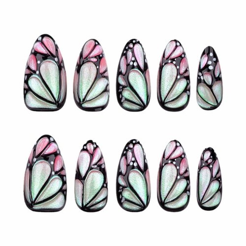 Almond Press on Nails Medium 3D Butterfly Fake Nails Soft Gel Jelly False Nails with Cat Eye Butterfly Designs Shiny Glossy Artificial Acrylic Nails Colorful Glue on Nails for Women Manicure 30Pcs