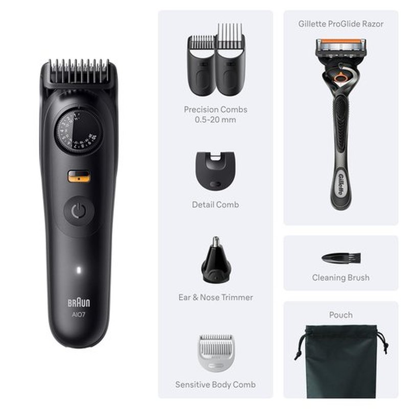 Braun Series 7 All-in-One Beard & Body Grooming Kit - Cordless Trimmer, Hair Clippers & Shaver with Gillette ProGlide Razor | Model AIO 7530