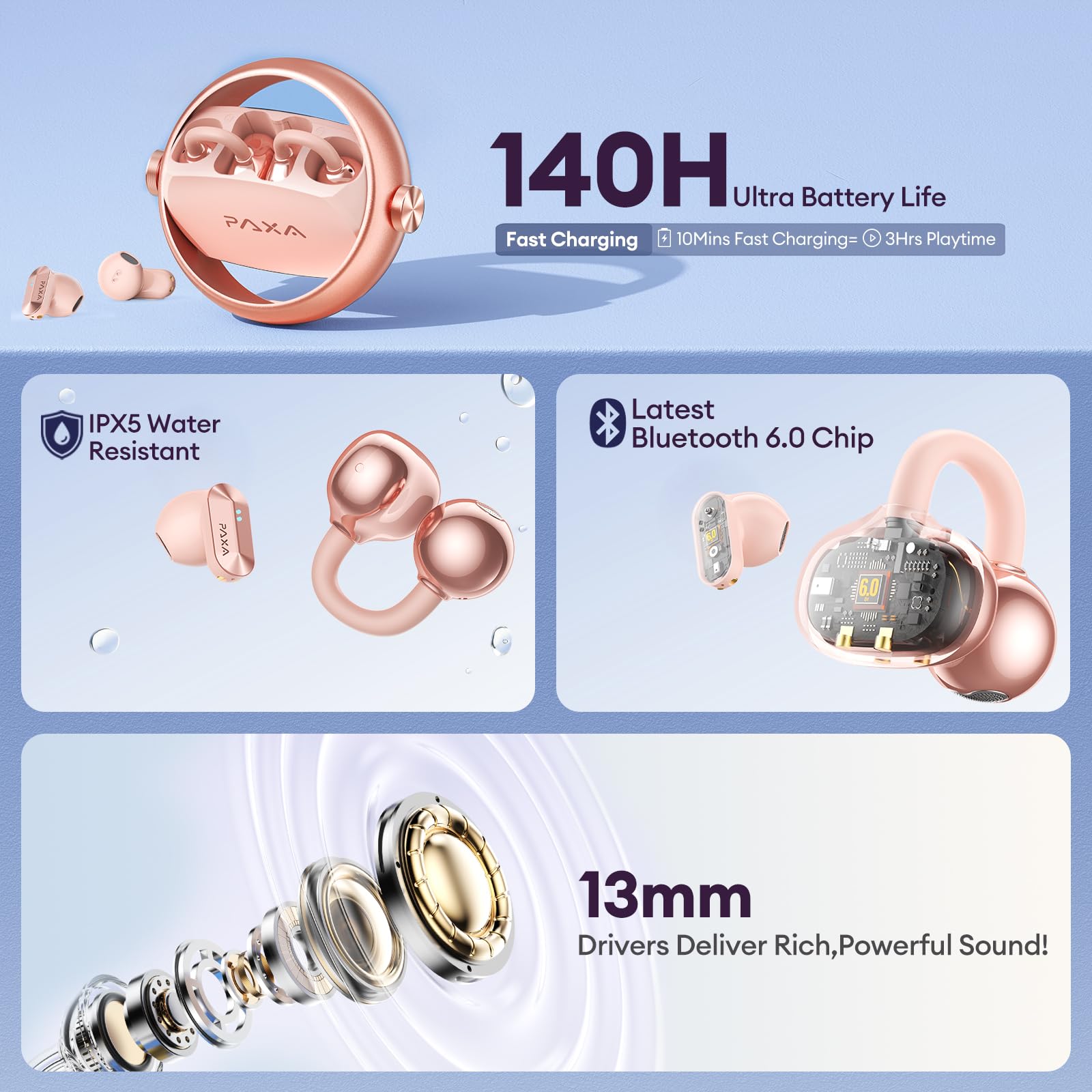 PAXA 2-in-1 Open Ear Clip-On Wireless Earbuds with StillVoice App, Bluetooth 6.0, 140H Playtime, Hybrid Noise Reduction, Auto L/R Sync, Comfortable Fit for Work, Fitness & Daily Use, Ctbuds Rose Gold