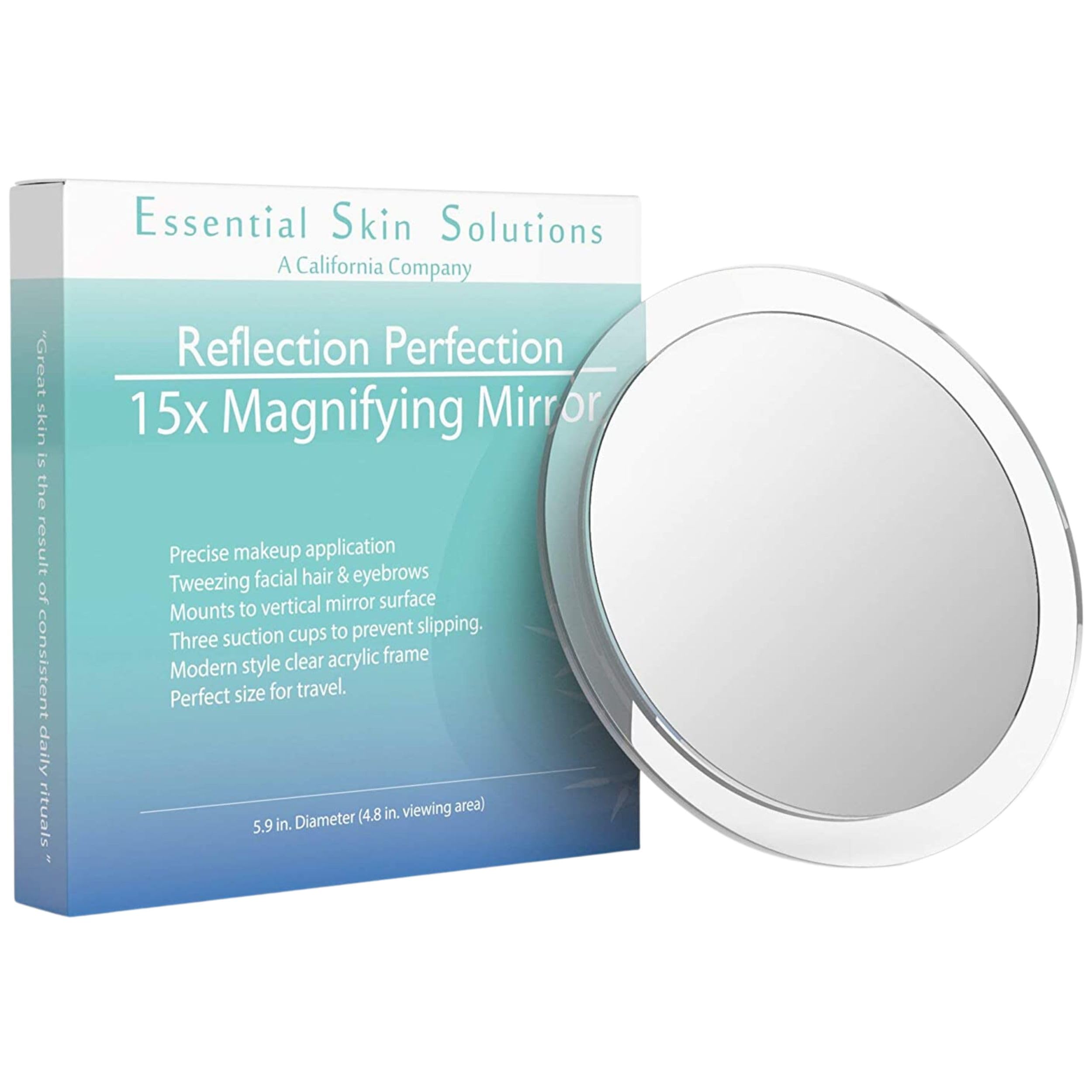 15X Magnifying Mirror – Use for Makeup Application - Tweezing – and Blackhead/Blemish Removal – 6 Inch Round Mirror with Three Suction Cups for Easy Mounting - Great for Travel