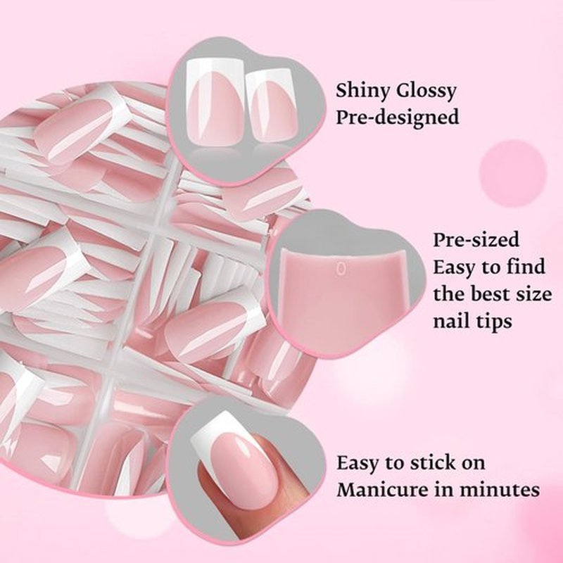 280pc French Tips Press on Nails Medium Square Fake Nail with Glue Tabs, French Tips Glue on Nails Press on Nail Square Acrylic Nails Medium Artificial Fingernails Women Girls Light Pink False Nails
