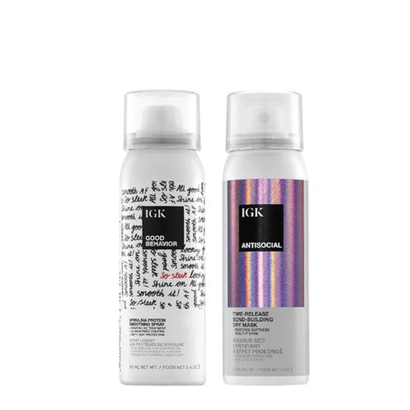 IGK Hair Treatment Travel Size Set - Antisocial Dry Hair Mask & Good Behavior Spray | Vegan & Cruelty-Free