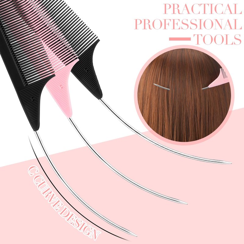 Yoande 12 Pcs C Curved Combs Parting Comb for Braids Hair Rat Tail for Parting Hair Heat Resistant Teasing with Stainless Steel Pintail for Women, Pink, Black