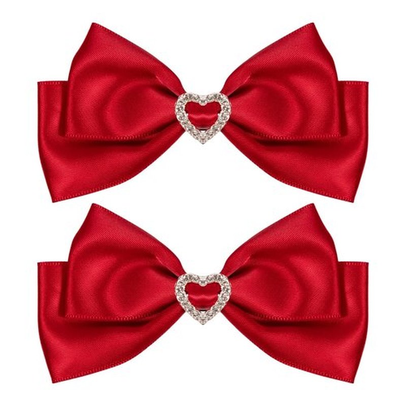 Red Satin Hair Bow Clips, Christmas Valentine School Hairpins with Heart Rhinestones,Handmade Bowknot Hair Accessories for Kids Girls New Year Decor