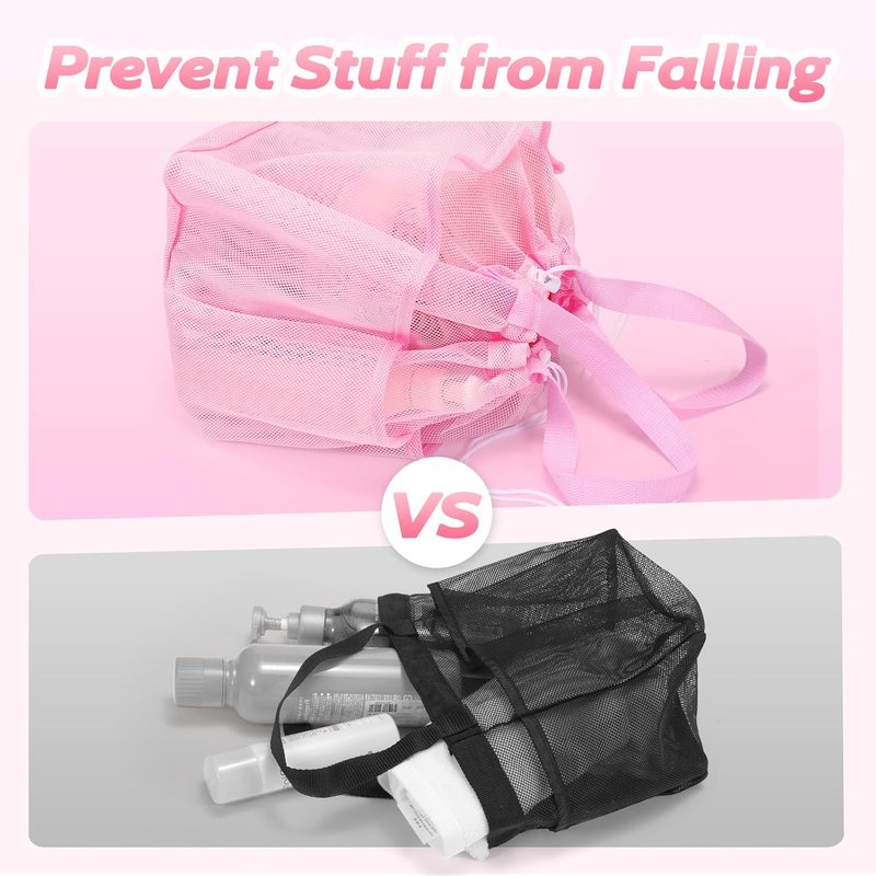 Famichan Mesh Shower Caddy - Portable Drawstring Bag for College Students | Large Pink Shower Organizer for Travel, Gym, Camping