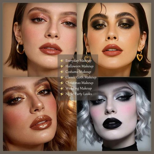 Professional Neutral Smokey Eyeshadow Makeup Palette, Matte Shimmer Metallic Black Grey Dark Goth Eye Shadows for Halloween, Pigmented Warm Smoky Naked Nude Rosy Gold Brown Pallet Daily Make Up Kit