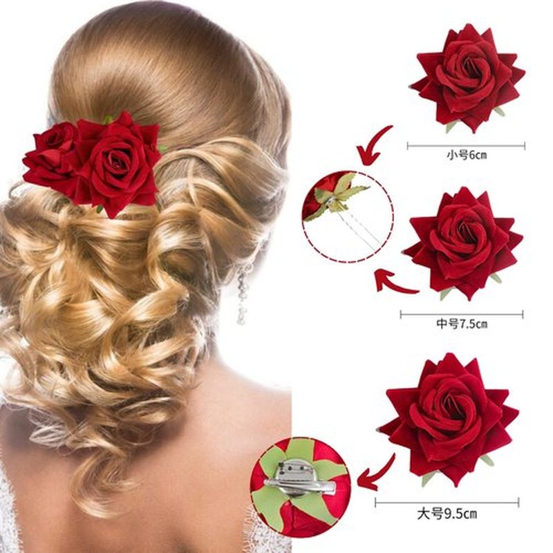 ASTRYAS 4 Pieces Red Rose Flower Hair Clip Bridal Hair Pins Rose Brooch Mexican Flower Hair Accessories for Party Wedding Flamenco Dancer, Christmas Gift for Women
