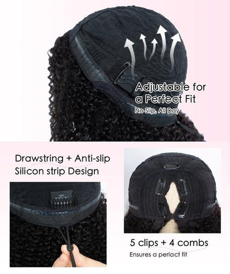 QUEEN VIRGIN REMY QVR Lace V Part Wig Human Hair No Leave Out Glueless V Shape Full Head Clip In Half Wig with Drawstring Kinky Curly U Part Human Hair Wig for Black Women 16 Inch Natural Black
