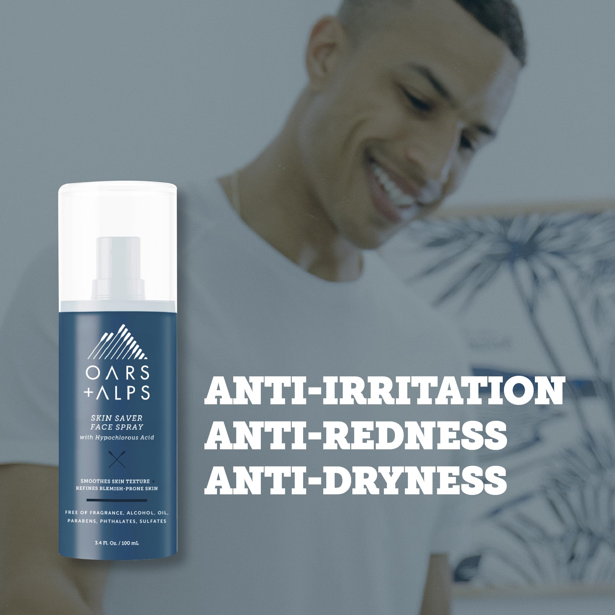 Oars + Alps Skin Saver Facial Spray for Sensitive Skin, Face Spray with Hypochlorous Acid for Breakouts, Itchy, Acne- Prone Skin, Rashes, Redness, Workouts, Traveling, Safe & Clean Ingredients, 3.4oz