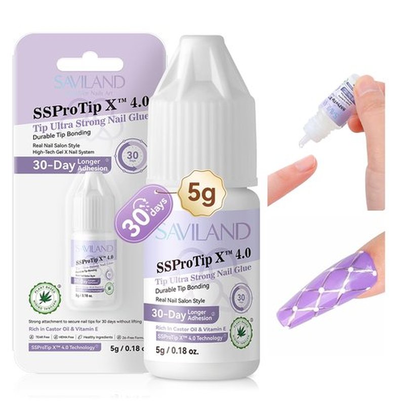 SAVILAND Strong Nail Glue for Nails Press On Nails: Extra Strength Acrylic Gel Glue 5g Long Lasting with Castor Oil Vitamin E Strong Hold Tip Fake Nail Tips No Cure Salon
