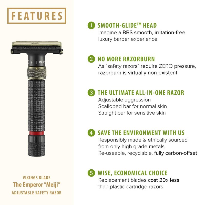 VIKINGS BLADE Adjustable Double Edge Safety Razor - Eco-Friendly & Reusable with Luxury Case | The Emperor “Meiji”