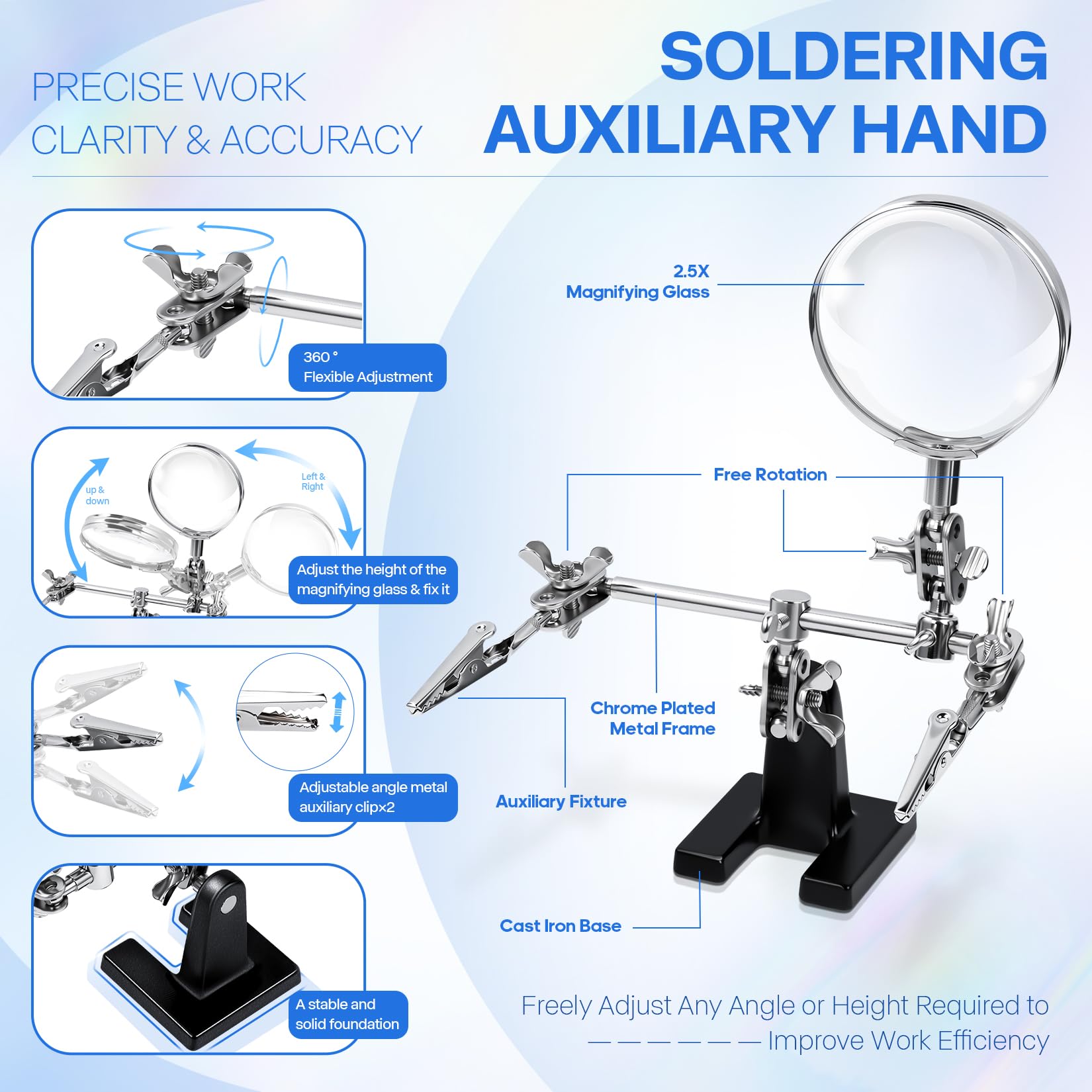 LXIANGN 2.5X Magnifying Helping Hands Soldering Station with Heavy Cast Iron Base, 360° Adjustable Alligator Clips for Soldering, Jewelry Making, Electronics Repair & DIY Crafts