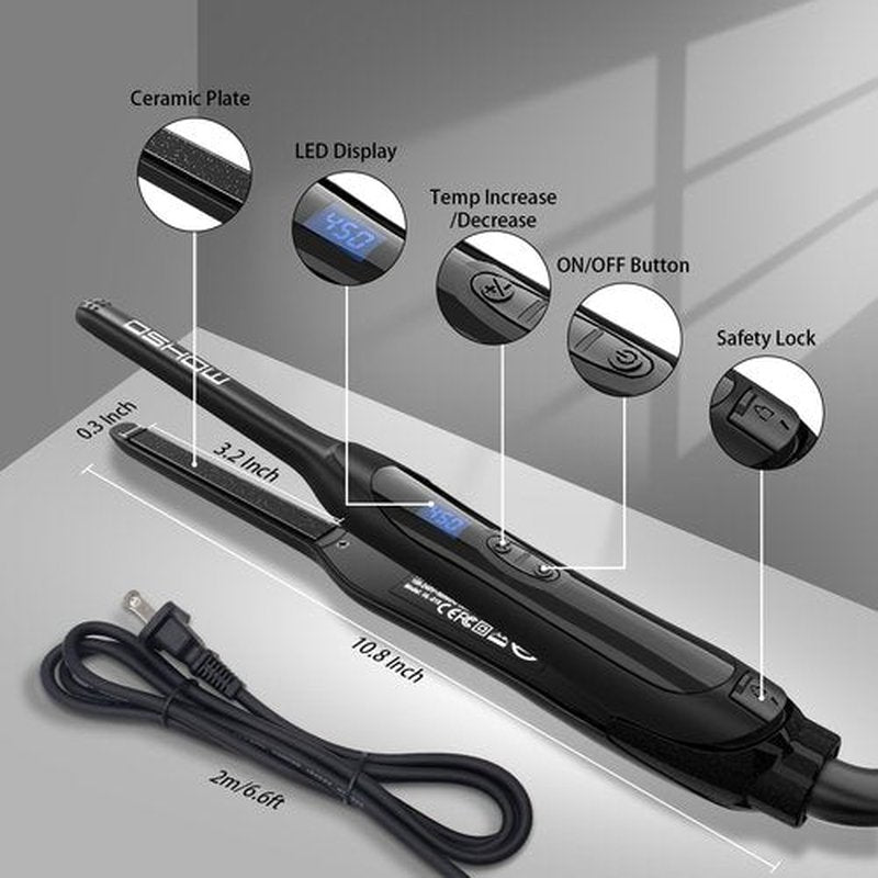 DSHOW Pencil Flat Iron, 3/10" Small Flat Irons for Short Hair, Pixie Cut and Bangs,Tourmaline Ceramic Mini Hair Straightener for Edges with Adjustable Temperature, Auto Shut Off (Black)