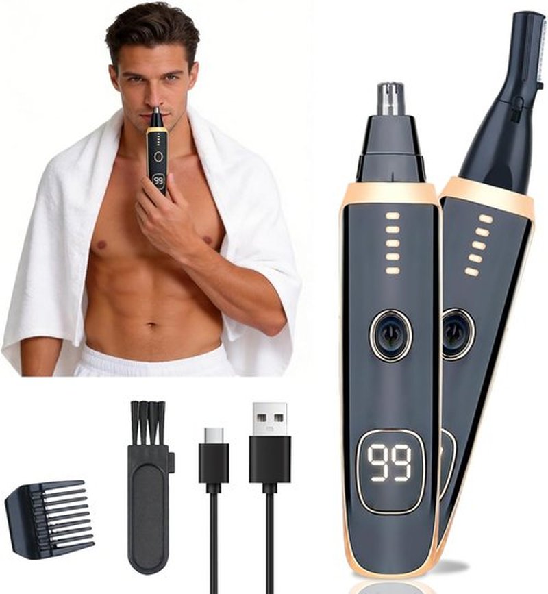 Skiennix Nose and Ear Hair Trimmer - 2 in 1 LED Display, USB Rechargeable, Waterproof, Dual-Edge Blades | Black Gold