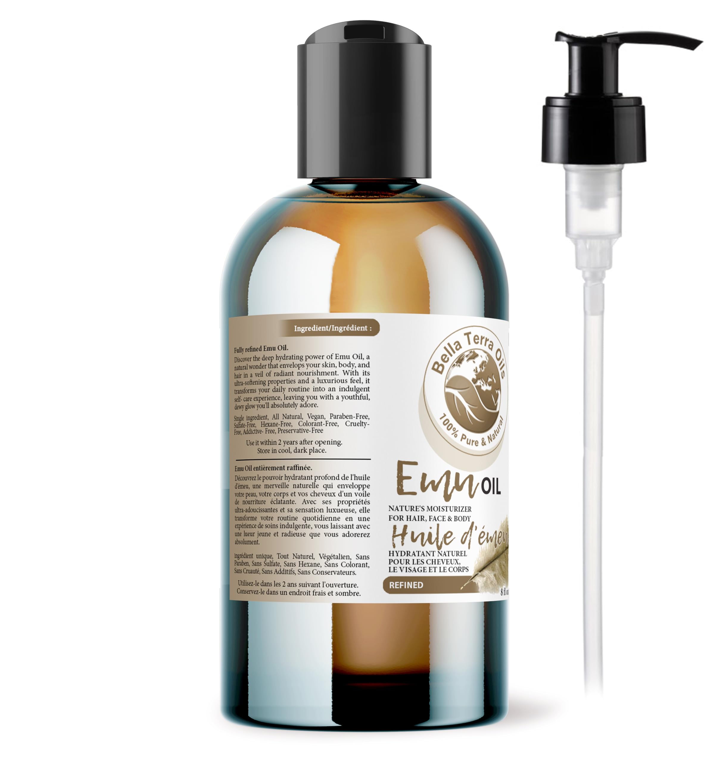 Bella Terra Oils - Emu Oil 8 oz - Celebrate the Australian Emu Heritage, Enveloped in Vitamin-rich Goodness, A Touch of Elegance for Skin