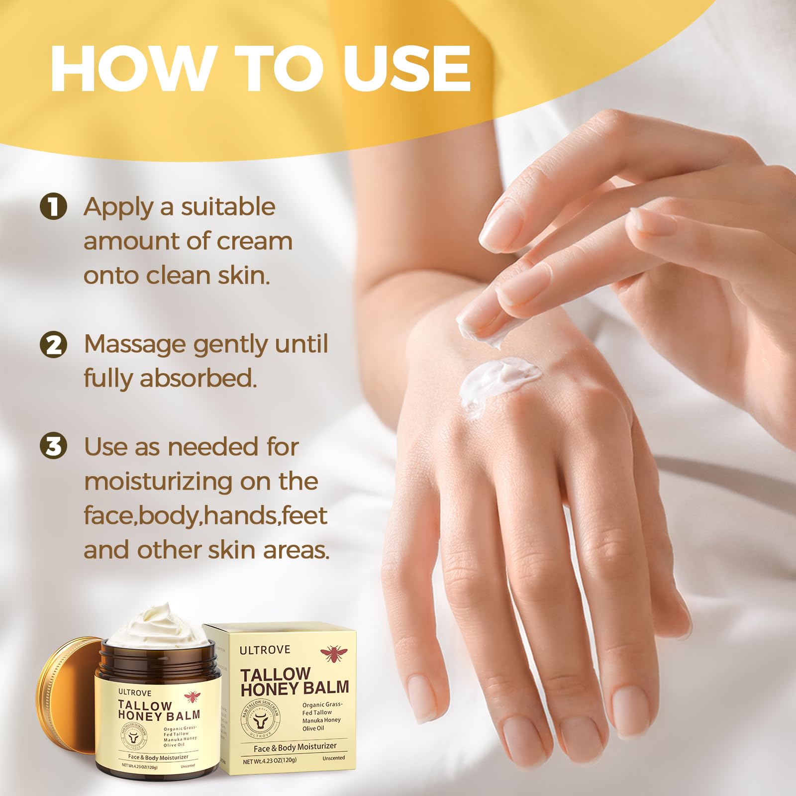 Ultrove Beef Tallow and Honey Balm for Skin, Natural Face + Body Moisturizer with Organic Grass-Fed Beef Tallow & Raw Wild Honey for Dry & Sensitive Skin, 4.23oz