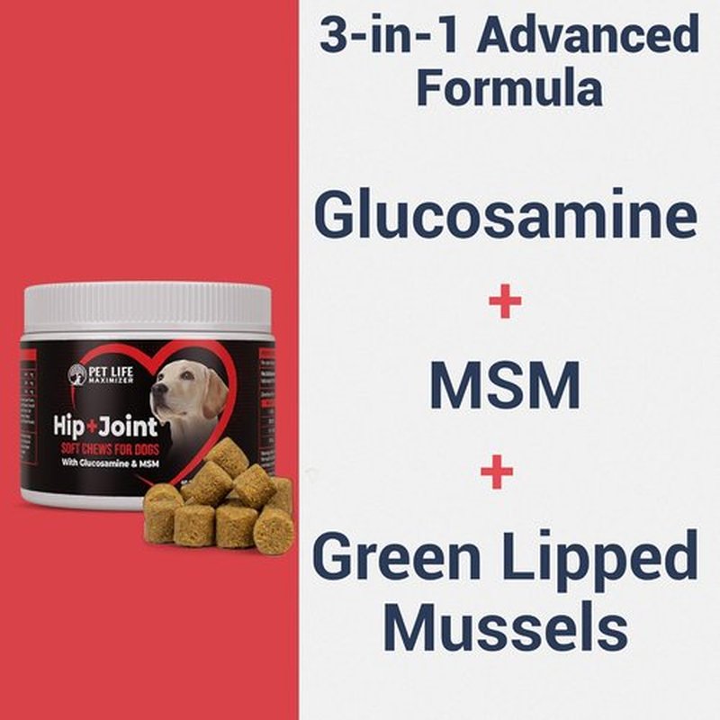 3-in-1 Advanced Dog Hip & Joint Supplement - Tasty Soft Chews with Glucosamine & MSM for All Breeds - Chicken Flavor