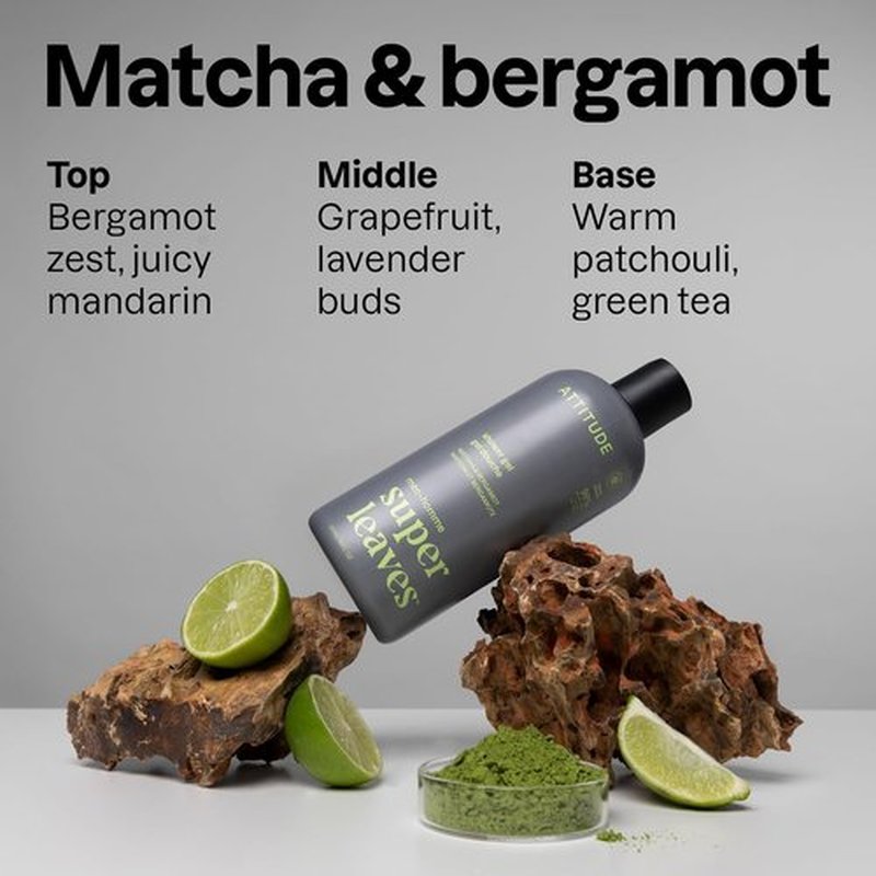 ATTITUDE Shower Gel - Men's Body Wash with 98% Natural Ingredients | Matcha & Bergamot, 14 Fl Oz