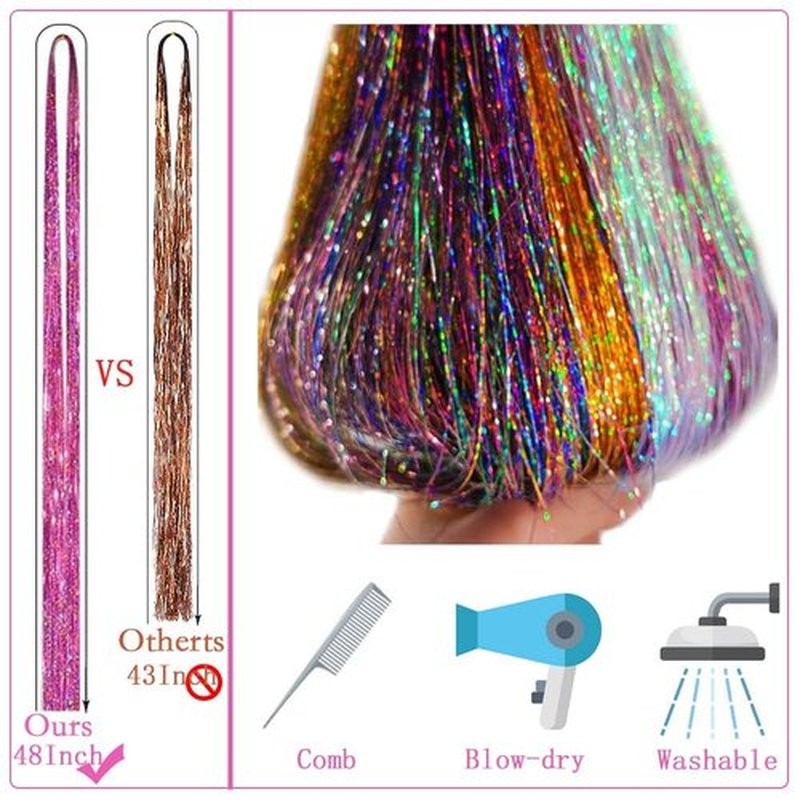 Hair Tinsel Kit, Fairy Hair Tinsel with Tools 48 Inch Hair Tinsel Heat Resistant Safe 12 Colors Glitter Tinsel Hair Extensions 3200 strands (12 Colors Hair Tinsel Kit)