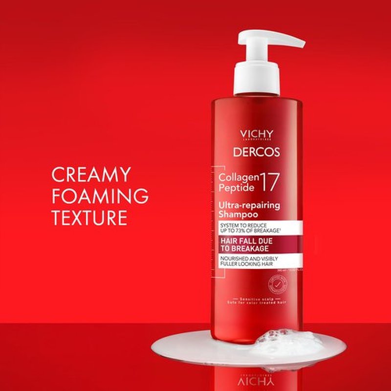 Dercos Collagen Peptide 17 Ultra-Repairing Shampoo, 390ml, Anti Hair Fall & Bond Repair for Damaged Weak Hair, Strengthens, Reduces Breakage, Boosts Volume