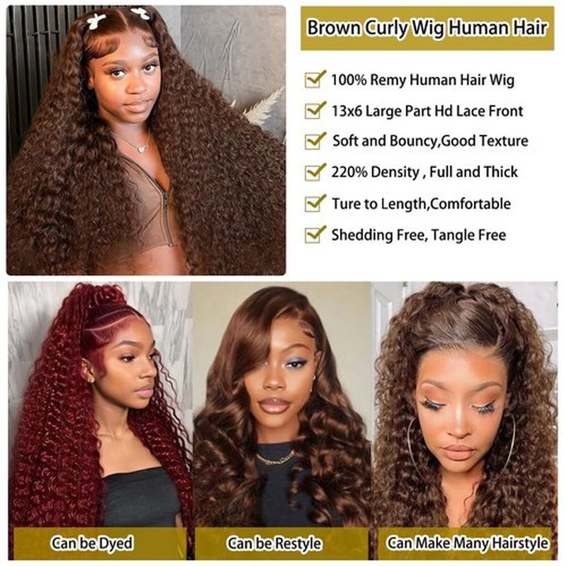 BIANFA 13x6 Deep Wave Lace Front Wigs Human Hair Chocolate Brown 220 Density HD Lace Front Wigs Human Hair Curly Wig Pre Plucked Human Hair Glueless Frontal Wigs (18inch)