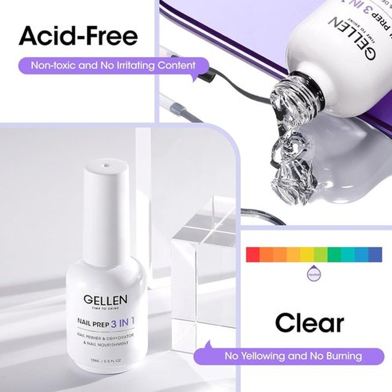 GELLEN Nail Primer & Dehydrator - 3-in-1 Acid-Free Nail Prep with Squalane for Gel & Acrylic | 15ML
