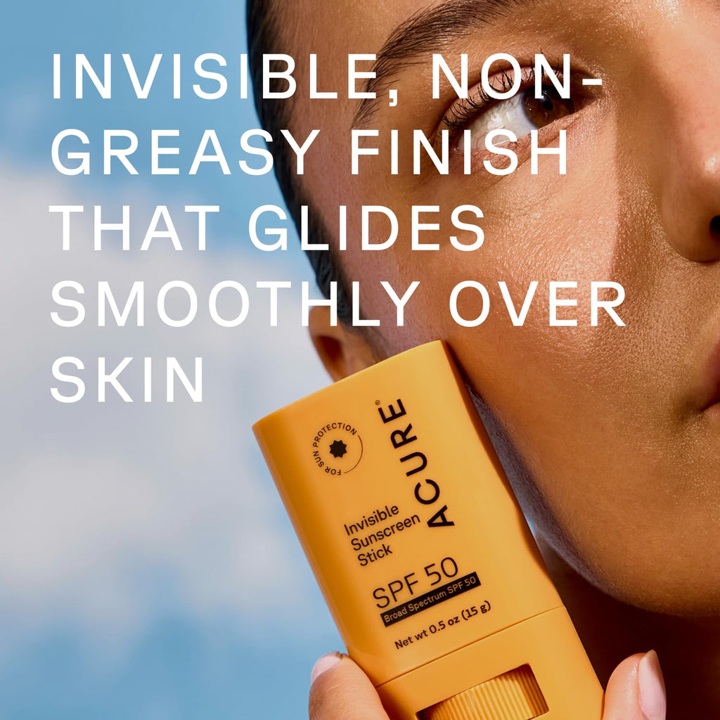 Acure Invisible Sunscreen Stick SPF 50 - Face Sunscreen Stick Applicator, Reef-Safe Clear Sunblock for Sensitive Skin, Natural Glow for Face & Body with Vitamin E, Solar Protector, Travel Size- 0.5 oz