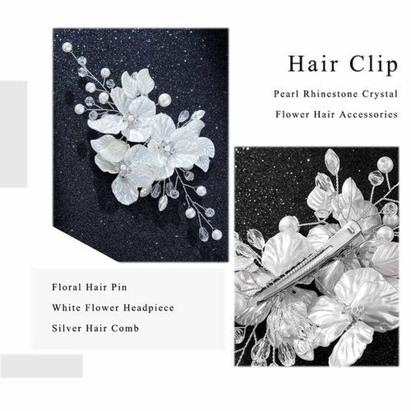 Foyte Bridal Flower Hair Clip White Flower Hair Comb Rhinestone Floral Hairpin Crystal Pearl Hairpieces for Women and Brides