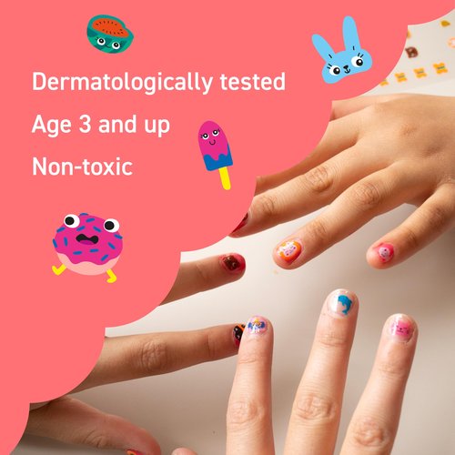 Omy Kawaii Nail Stickers for Kids - 200 Stickers, Waterproof, Durable, Fun, Creative Designs | Strong Enough to Last Through Hand Washing - Easy to Apply, Safe, Non-Toxic | Age 3 and Up