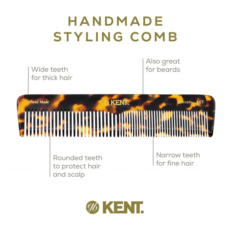 Kent 16T TY Fine and Wide Tooth for Daily Grooming,Handmade Styling Comb for All Hair Types,Wet or Dry Hair Detangling Comb for Men and Women,Saw Cut Hand Polished,Made in England