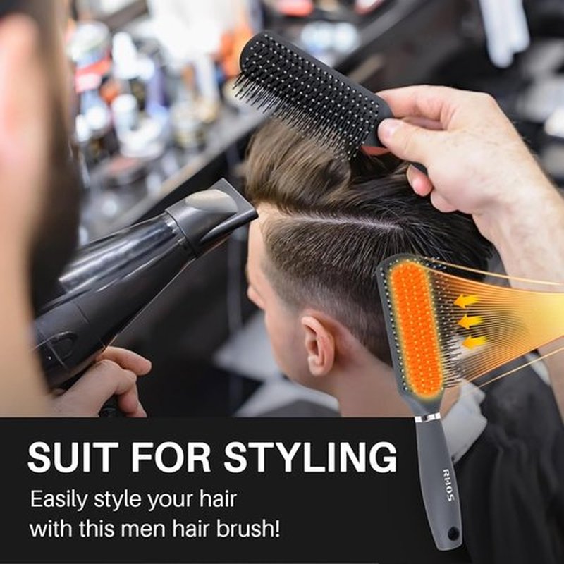 RHOS Hair Brush for Men - Detangler Styling Brush with Nylon Bristles for Wet & Dry Hair - Gray