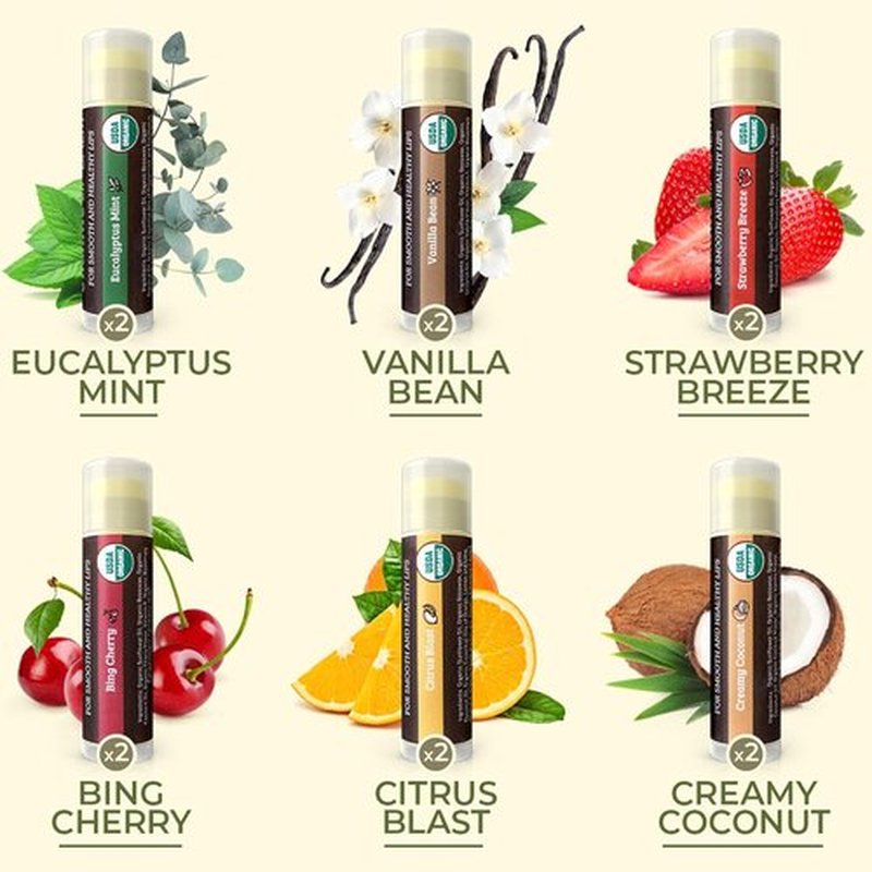 Earth's Daughter USDA Organic Lip Balm - 12-Pack with Fruit Flavors & Beeswax | Moisturizing Repair for Dry Lips