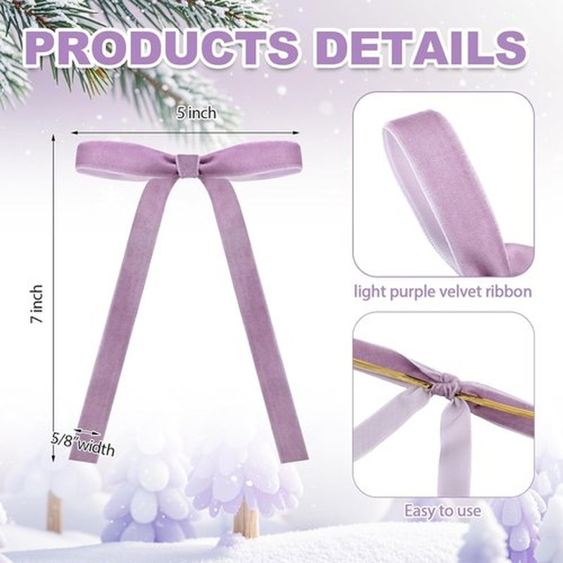 Skiennix 24 Pcs Velvet Bows - Vintage Ribbon Bows for Christmas Tree & Crafts | Light Purple (5 x 7 Inch)