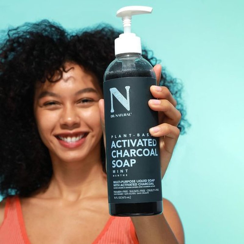 Dr. Natural Activated Charcoal Liquid Soap - Combat Acne and Blemishes - Deep Cleansing Body Wash - Gentle Body Soap for Clear Skin - Mint - 16 oz..