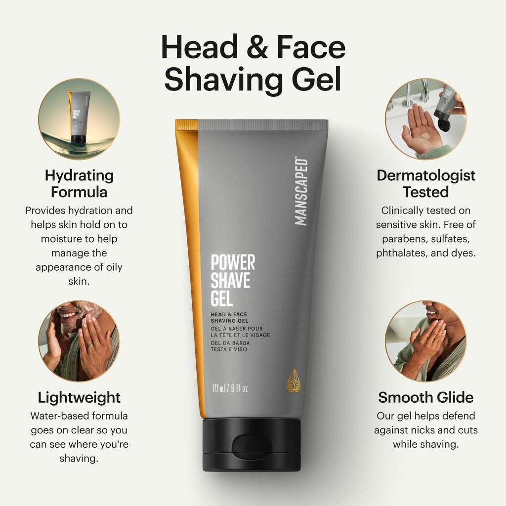 MANSCAPED® Power Shave Gel, Men's Soothing Head & Face Shaving Gel, with Witch Hazel & Gentle Liquid Exfoliants to Help Defend Against Irritation, Ingrown Hairs & Razor Bumps