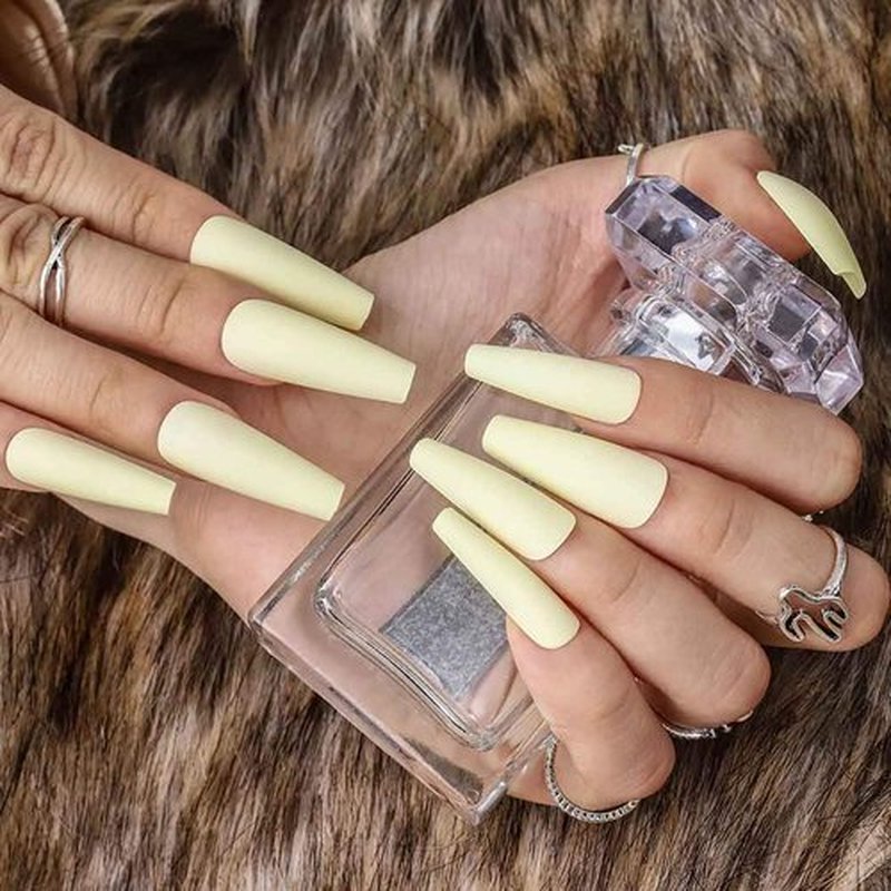 Outyua Matte Super Long False Nails Coffin Ballerina Extra Long Press on Nails Acrylic Fake Nails Acrylic Full Cover Nails 24Pcs (Yellow)