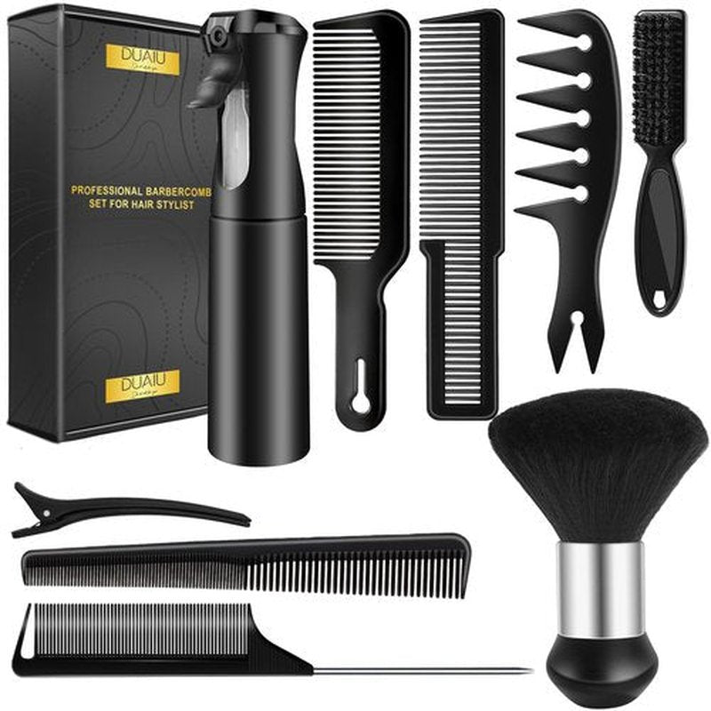 DUAIU 9Pcs Hair Comb Set, Professional Barber Combs for Hair Cutting and Styling - Premium Grade Hair Spray Bottle Neck Duster Barber Brush Set, Taper Texture Clipper Comb Tools for Men Boys