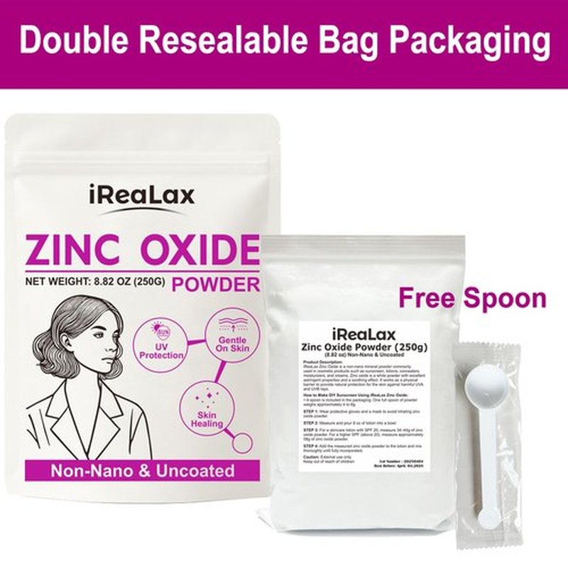 iReaLax Zinc Oxide Powder | 250g(8.82oz) Non Nano Uncoated Zinc Oxide Powder for Skin Protection, Skin Healing, Cosmetics Grade for DIY Sunscreen | lotions | Creams | serums | Deodorant