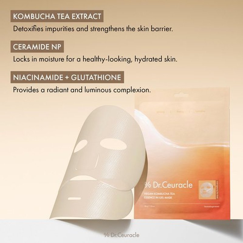 leegeehaam Dr.Ceuracle Vegan Kombucha Tea Essence in Gel Mask - Deep Hydrating Hydrogel Jelly Mask for Glass Glow Skin, Korean Skincare Face Mask (4 Counts (Pack of 1))