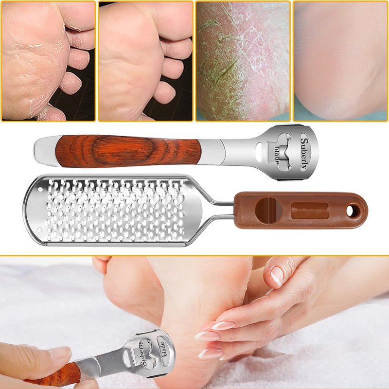 Yihurlm Foot Rasp & Callus Shaver Set,1 Wood Handle Foot Razor with 30 Replacement Slices Blades,1 Foot File Heads,1 Pedicure Feet File,Stainless Steel Feet Care Tools Callus Remover for Feet Hand