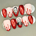 Halloween Press on Nails Short Almond False Nails Red Bloody & Horror Ghost Designs Halloween Fake Nails Glossy Full Cover Almond Nails Tips Stick on Nails for Women Gothic Holiday Nail Art 30Pcs