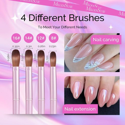 MelodySusie Acrylic Nail Brush Set - 4 Professional Brushes for Nail Extensions & 3D Carving | Sizes 8/12/14/16