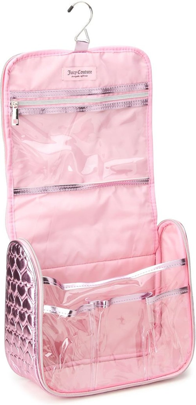 Juicy Couture Pink Makeup Bag - Shiny Puffer Heart Organizer with Travel Hook for Essentials