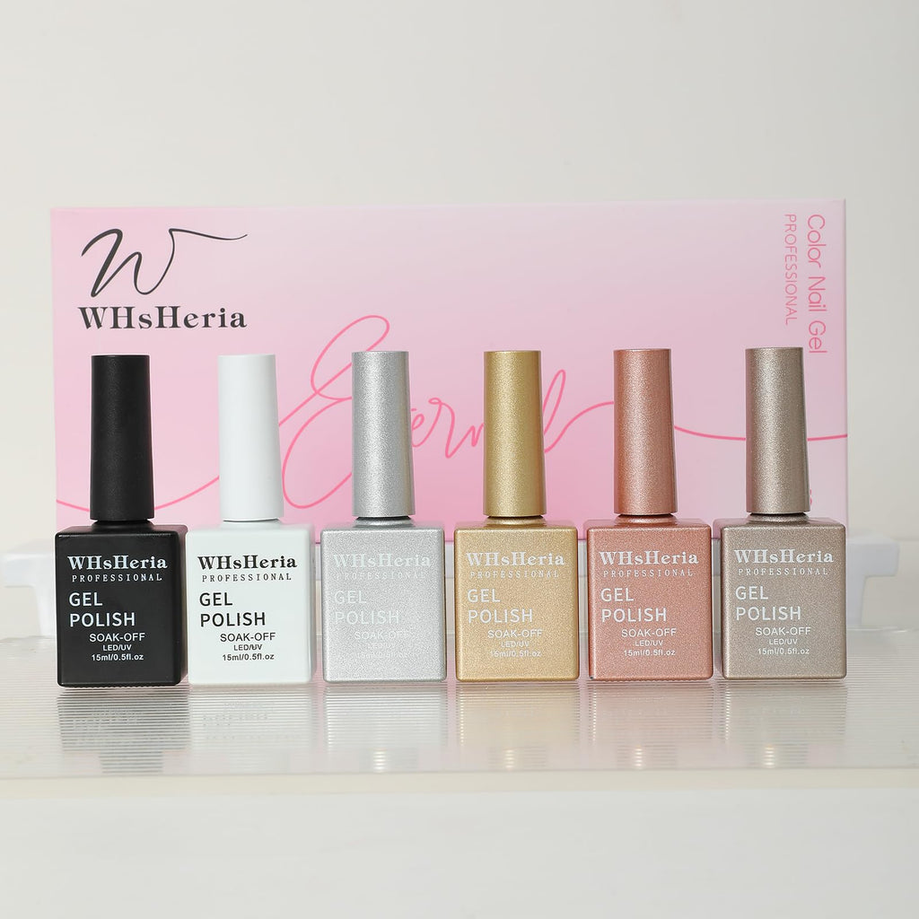 WHsHeria 6Pcs 15ML Novice Suit TPO Free Gel Polish Set Long Lasting Soak Off Gel Nail Polish Kit Nail Art Manicure Salon DIY at Home for Women(Black,white,pink,silver,glitter gold-A)