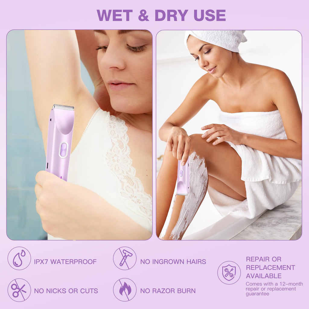 Electric Bikini Trimmer for Women - Gentle Trimming Facial Hair Removal, IPX7 Waterproof, Dual Head, USB Charge, Ceramic Blade, Purple